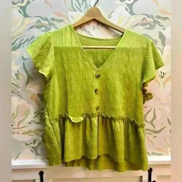 Tops - Ruffle Sleeve Green Button Peplum Blouse